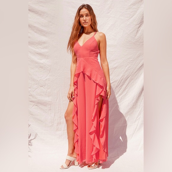 Lulu's Dresses & Skirts - NWOT Lulu’s Vibrant Love Coral Cross-back Ruffle Maxi Dress